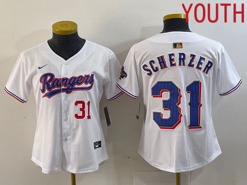 Youth Texas Rangers 31 Scherzer White Champion Game Nike 2024 MLB Jersey style 4